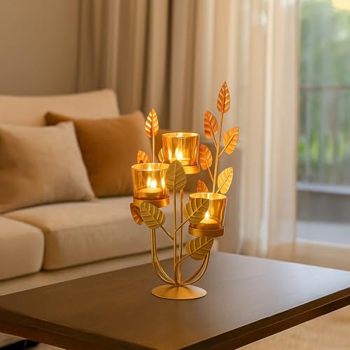 MARKET 99 Metal & Glass 3-Votive Leaf-Shaped T-Light Holder | Romantic Golden Candle Stand for Valentine’s Day Décor & Gifts | Decorative Centerpiece for Home, Table, Diwali, Wedding & Festive Use