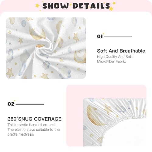 Image of CaTaKu Clouds Moon Stars Mini Crib Sheets for Girls Boys Baby Mattress Sheets Fitted, Soft Toddler Nursery Bed Sheets Neutral 28 inchx 52 inch