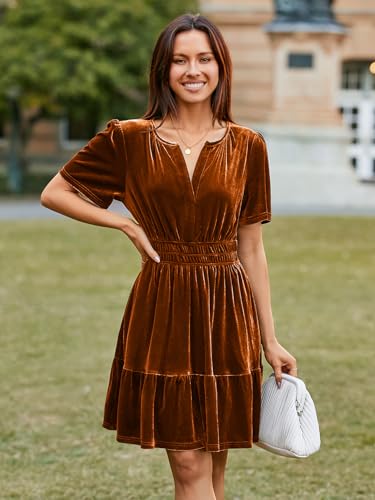 Simplee Women's 2025 Velvet Short Sleeve Cocktail Dress Fall Winter Casual V Neck Empire Waist Mini Dresses with Pockets2
