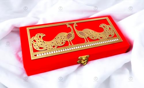 Image of SHAKTISM Wooden Decorative and Attractive Cash Box, Shagun, Jewellery, Money Envelop Wedding, Gift, Bangel Box (Peacock Red, 20 x 8.5 x 3 cm, Rectangular, Antique Style, 1 Pack)