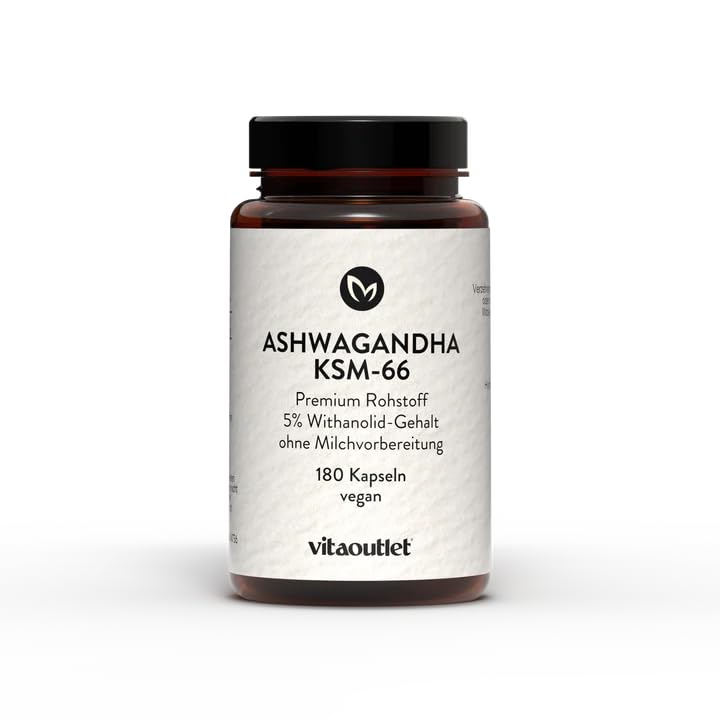 vitaoutlet | Ashwagandha KSM-66 Cápsulas | 180 Cápsulas | Vegano | Materia prima premium de la India | Withania somnifera | adaptógeno | de fabricación propia