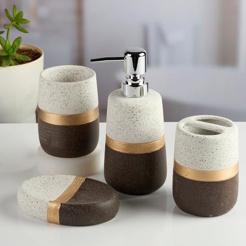 Image of SaSaSa Ceramic Bathroom Accessories Set of 4 - Stylish Bath Set with Liquid Soap Dispenser, Toothbrush Holder, Tumbler and Soap Dish for Modern Bathroom Decor, White /Grey (11986)