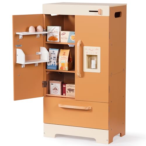 ROBOTIME Kids Wooden Refrigerator Play Kitchen Fridge for Toddlers Toy Fridge with Ice Maker and Food Accessories Pretend Play Kitchen Toy for Boys & Girls Ages 3+