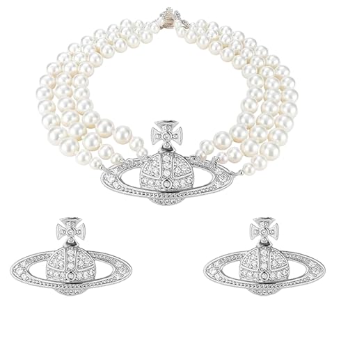 DEYOUM Saturn Planet Earrings Necklace Set for Women Trendy Aesthetic Rhinestone Cubic Zircon Space Saturn Planet Pendant Earrings Necklace Party Holiday Wedding Jewelry Gift Set (silver big pearl)