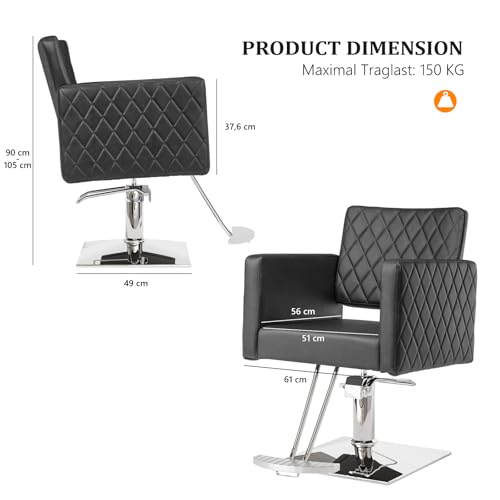 Bonnlo Friseurstuhl höhenverstellbar 90-105 cm, Barber Stuhl 360°Drehbar & 150 kg Tragkraft, Friseur Stuhl mit Fußauflage & offnener Rückenlehne, Barberstuhl aus PVC-Leder, Schwarz