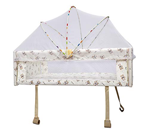 Image of 1st Step Wooden Cot (with 3Level Height, Detachable Mosquito Net, Storage Space and Wheels with Brakes), with Swinging Baby Cradle