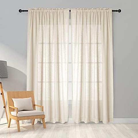 Melodieux 2 Panel Faux Linen Voile Net Curtains Semi Sheer Rod Pocket Drapes for Bedroom, Living Room, Window - Beige, 55 x 89 inch drop (140 x 225cm) Cover