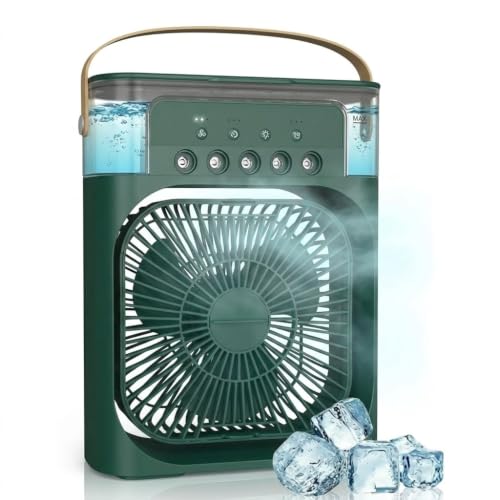 Image of DRUMSTONE (Luxurious 5 Year Warranty) Portable Mini Air Cooler with Mist Function, USB Powered Desk Fan, 600ml Water Tank, 3 Fan Speeds, 7-Color LED Light, Timer Function GREEN