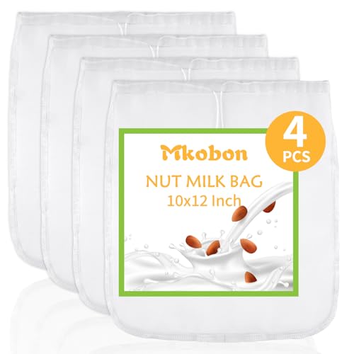 4 Pcs Food Grade Nut Milk Bag Reusable, Grade 100, 10' x 12' Nut Bag Strainer, Fine Mesh Nylon...
