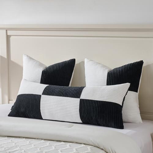 Image of Fancy Homi Set of 2 Black White Decorative Throw Pillow Covers 20x20 Inch for Living Room Couch Bed Sofa, Farmhouse Boho Home Decor, Soft Cross Corduroy Patchwork Accent Square Cushion Case 50x50 cm