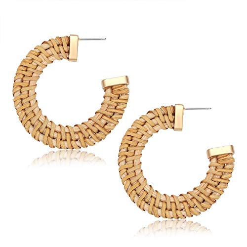 Rattan Earrings for Women Handmade Straw Wicker Braid Drop Dangle Earrings Lightweight Geometric Statement Earrings (D Hoop)