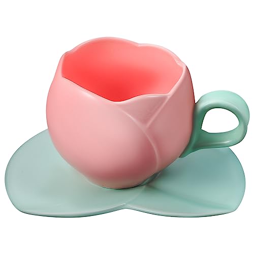 BESPORTBLE Ceramic Tulip Coffee Mug with Saucer, Tulip Tea Cup Cute Mug Set for Tea Coffee Milk for Home Office (10.14oz/ 300ml)