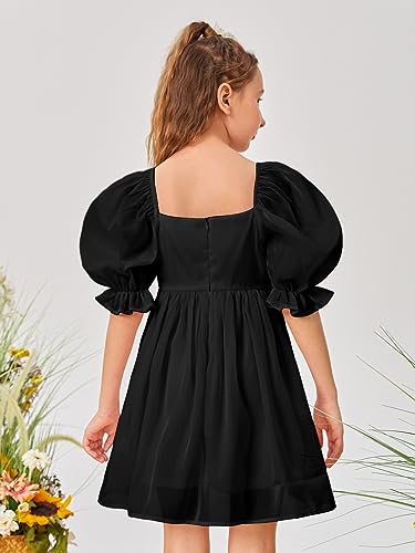 WDIRARA Girl's Square Neck Puff Sleeve Zipper Back Mesh Ruffle Hem A Line Dress2