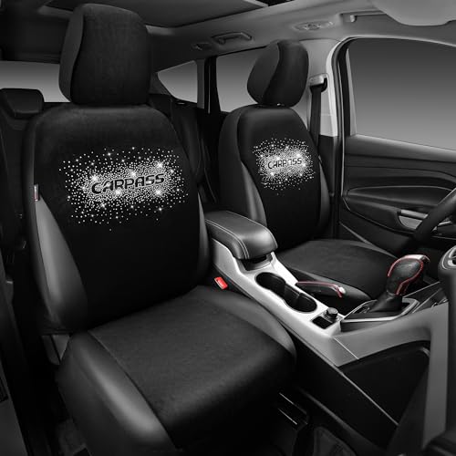 CAR PASS Velour Rhinestone Bling Seat Covers Front Seats Only Velvet, Warm Winter Breath Summer Soft Short Plush Universal for SUV Trucks Van Cute Women Sparkle, 2 Seat 2PCS Black Silver Diamond — view 2