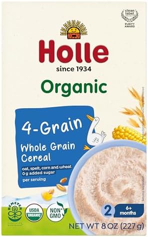 Organic Whole Grain Baby Cereal, Four Grain Blend, 8 oz Boxes, Pack of 6, for Babies 6 Months and Up, with Oat, Spelt, Corn and Wheat, 0 g Added Sugar