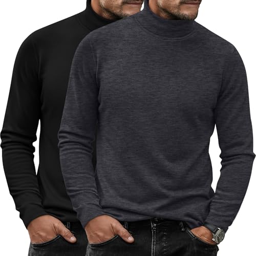 Ficerd 2 Pack Men's Turtle Neck Shirts, Lightweight Cotton Pullover Sweater Slim Fit Mock Turtleneck Knitted Long Sleeve Tops (Black, Dark Gray,Medium)