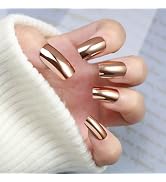 Brown Press on Nails Medium Square Fake Nail With Chrome Designs Brown Mirror Metal False Nails A...