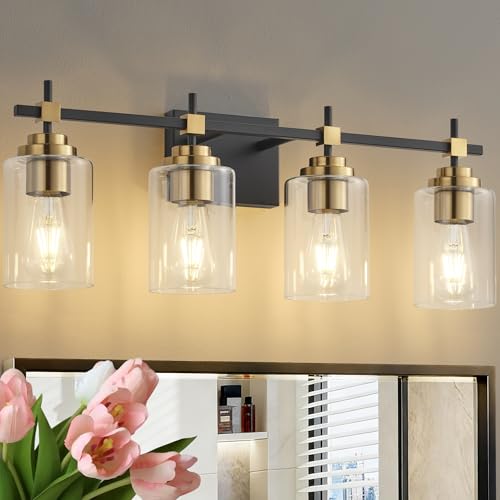 Image of SOLFART Black and Gold Vanity Light,4 Light Modern Vintage Wall Light with Clear Globe, High-End Bathroom Light Fixtures Over Mirror, Easy to Install (Bulbs Not Included)