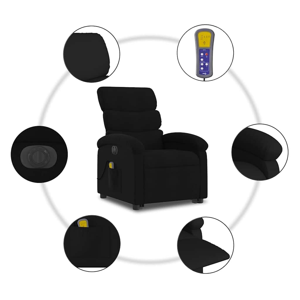 Sillón elevador eléctrico eléctrico negro de tela con 6 puntos de masaje y función reclinación 135 grados, cómodo y estable para adultos, asiento acolchado con marco