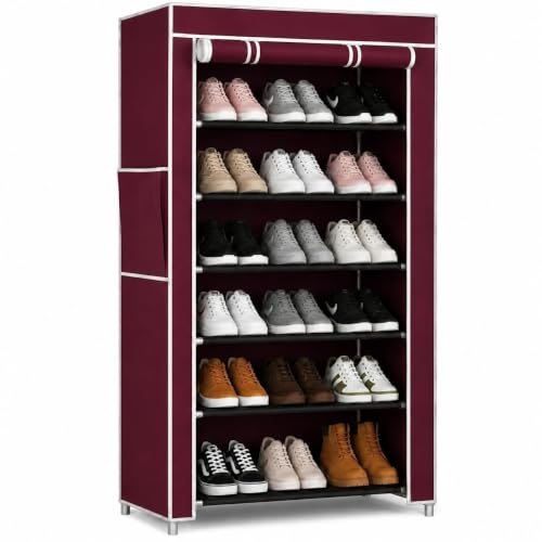 Image of EASY BUY Economy Shoe Rack for Home with Cover Maroon, Plastic Rack 6 Shelves with Zip Door Cover & Side Pocket, Dustproof Storage Organizer for Footwear, Toy, Shoe Rack Plastic, Slipper Stand