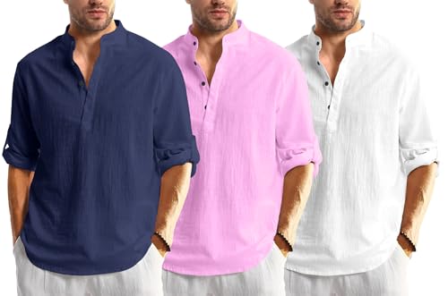 Image of Men's Cotton Blend Straight Kurta Shirt Combo with Mandarin Collar - Slim Fit Casual Short Kurti Set Featuring Textured Slub Fabric and Roll-Up Full Sleeves