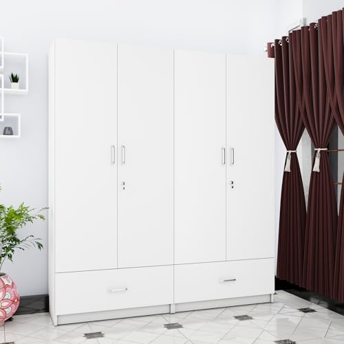 Image of VIKI Wardrobe | Wooden Almirah for 4 Door Wardrobe with 2 Split Drawer & Hanging Space (Frosty White - 40D x 160W x 180.8H) | 1 Year Warranty | Free Assembly