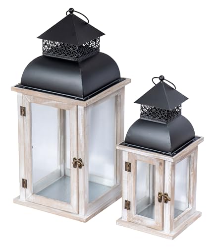 2er Set Laterne Weiß Holz Metall Kerzenhalter Windlicht Gartendeko Weiß gewischt Holzlaterne Gartenlaterne Gartenbeleuchtung Dekoration Vintage Shabby Antik
