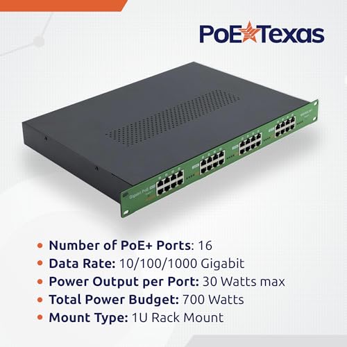 Image of PoE Texas 16 Multi Port IEEE 802.3at PoE+ Injector - Get Full PoE+ On Every Port - Total 700 Watt Power - 10 /100 /1000 Gigabit Data - Active PoE+ Injector for WiFi Access Points, PTZ Cameras, IP Phones