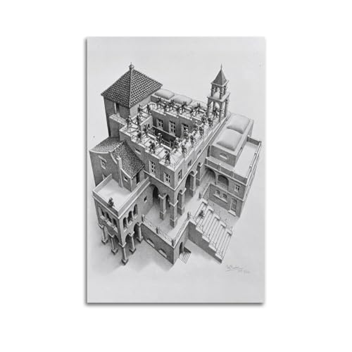 M.C. Escher – Impression sur toile représentant une œuvre ascendante et descendante – Décoration murale pour chambre à coucher, salon (50 x 75 cm)