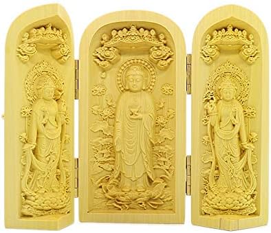 Kwan Yin Buda Shakyamuni Estatua de boj tallado en madera escultura plegable caja santuario Kwan Yin Buda Shakyamuni Estatua de boj tallado en madera escultura plegable caja santuario