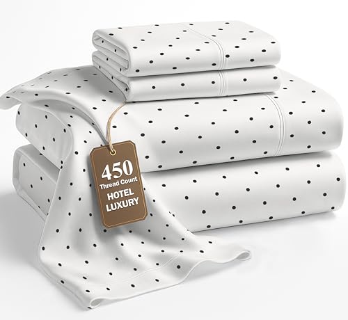 450 TC 100% Cotton Printed Polka Dot Queen Sheets, Soft Sateen Weave, Deep Pocket Queen Sheets for 15” Mattress, Mercerized Cotton Fully Elasticized Luxury Hotel Bedding, Polka Dot - Black