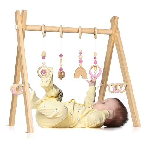 Spielbogen Baby aus Holz für Mädchen - Schadstofffreis Spieltrapez Baby Spielzeug ab 0 Monaten für Wohnung und Kinderzimmer mit Activity Holz-Spielzeug