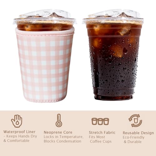Image of Reusable Insulated Sleeve for Iced Coffee Cup, Coffee Neoprene Sleeve for Cold & Hot Drinks, Beverage Holder for Iced Coffee (Pink Gingham, Small: 16-18oz)