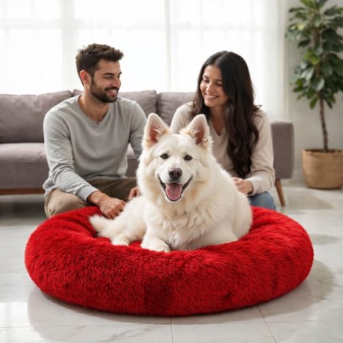 Image of ZEXSAZONE Summer Round Donut Pet Bed for Cats and Puppies Dogs, Cozy and Plush, Raised Bedside Support, Both Sides Use Like 2 in One, Washable Sizes for Small, Medium and Large Pets (Red Medium)
