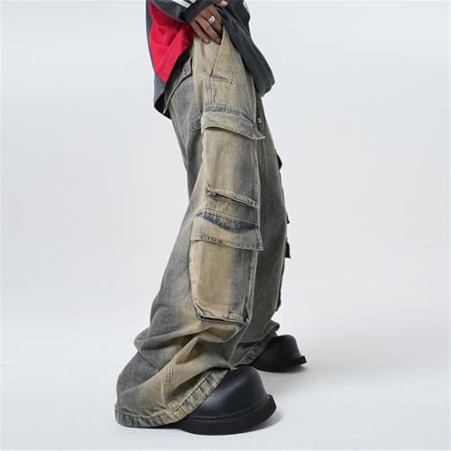 Men Street Wornout Workwear Multiple Pockets Jeans Casual Straight Leg Floor Pants Trousers Loose3