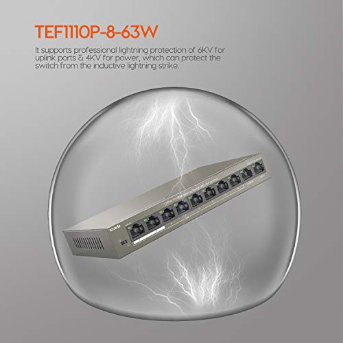 Tenda TEF1110P-8-63W PoE Switch con 10 Puertos Ethernet 100M, 8 Puertos PoE hasta 30 W cada uno y 58 W totales, Protección contra Rayos 6 kV, Plug and Play miniatura 7
