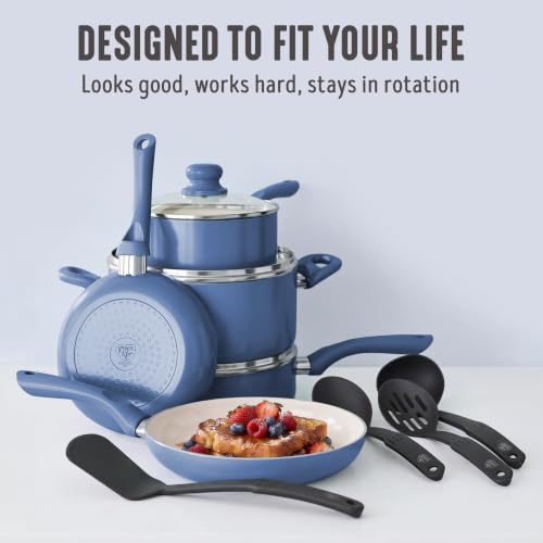 Image of GreenLife 16-Piece Nonstick Cookware Set, Non-Toxic Ceramic Pots and Pans Set, Durable Healthy Kitchen Essentials, Fast Heating, Induction Ready, Easy Clean Dishwasher Safe, PFAS-Free, Slate Blue
