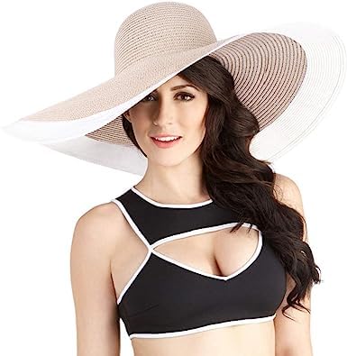 GenericNoble Straw Wide Brim Hat Floppy Beach Sunhat with White Brim