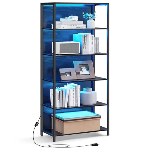 VASAGLE 6-Tier LED Bookshelf, Display Shelf with Dimmable Lights, LED Bookcase with Steel Frame...