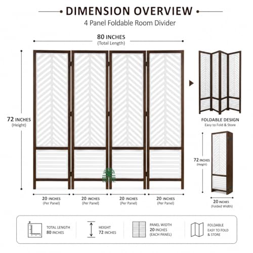 Image of Wooden Room Divider 6 Feet, 4-Panel Folding Wooden Partition for Living Room, Office, Pooja Room, Restaurant, Kitchen & Balcony (2W x 1.82H Meters). (White-Tree Pattern)