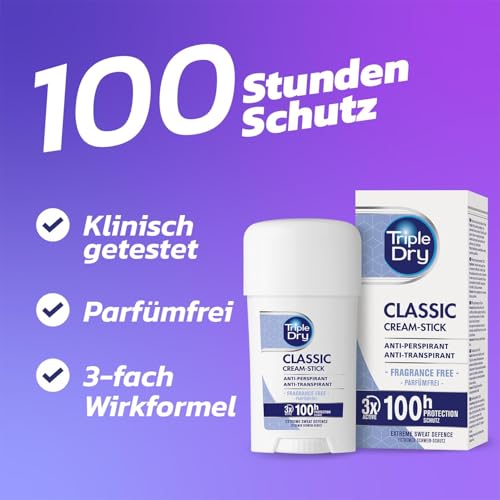 Triple Dry Anti-Transpirant Creme Stick | Stick gegen starkes Schwitzen | 100h Schutz | 45ml