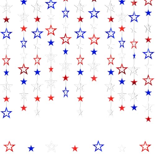 Image of Patriotic Star Streamers Banner Garland Glitter for 4th of July BBQ Memorial Day 250th Anniversary Party Glossy Independence Day Celebration Labor Day Decorations Red White Blue 1 Strand 157.5In