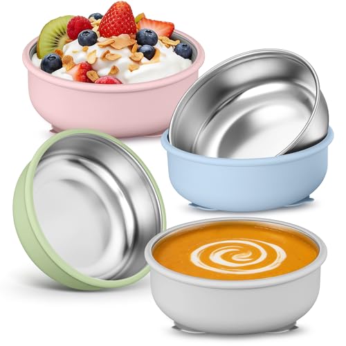 E-far Stainless Steel Baby Bowls with Suction 4 Pack Removable Colorful Silicone Sleeve Toddlers Kids Bowl Non-Toxic Snack Container for Baby Food Feeding Non-Slip & Unbreakable Dishwasher Safe