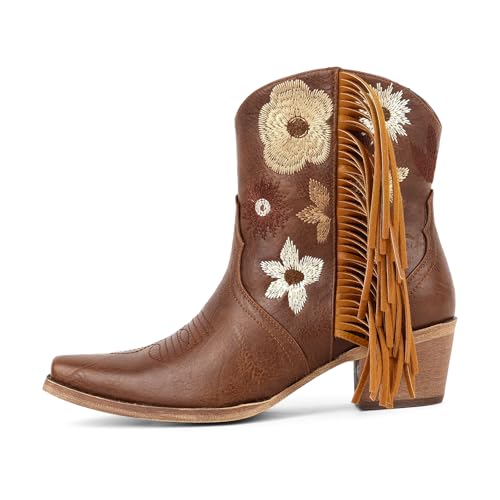 Women's Floral Embroidered Cowgirl Boots with Fringe – Pointed Toe Short Western Booties, 2.1 Inch Chunky Heel Cowboy Shoes for Country Concert, Rodeo, Fall Outfits Brown