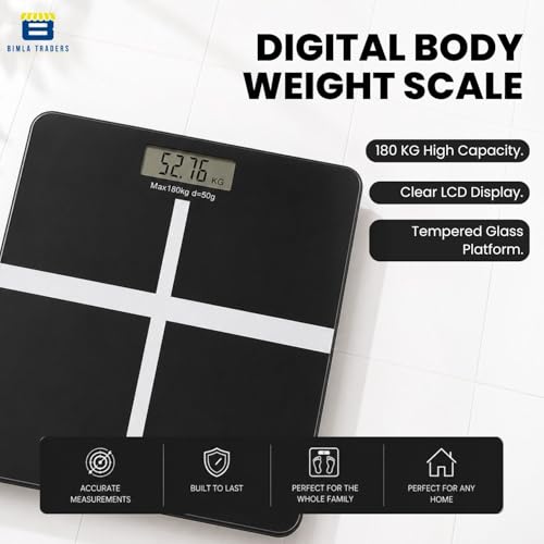 Image of Btag Premium Digital Body Weight Scale | 26x26 cm Wide Platform | Clear LCD Display | Anti-Skid Base | 180 kg Capacity Cross Design (Black)