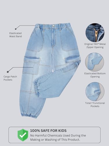Image of olele Girls Super Jeans Collection for 4-14 Yrs | Stretchable Cotton Denim Trousers | Blue Jeans for Kids | Baggy Denim Pants | Cargo Pants for Girls