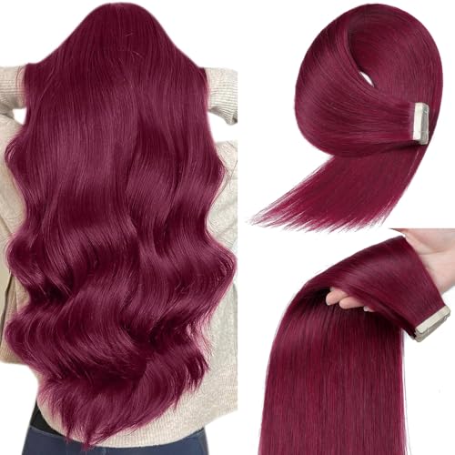 Image of YDDM 20pcs Tape in Hair Extensions, 14 Inch Burgundy 100% Remy Human Hair Straight Seamless Invisible Tape in Hair Extensions Human Hair(99J-A#, 14 Inch)