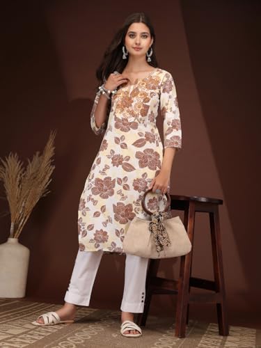 Image of Women Cotton Floral Printed Casual Straight Embroidery Kurta | Formal Kurti for Women