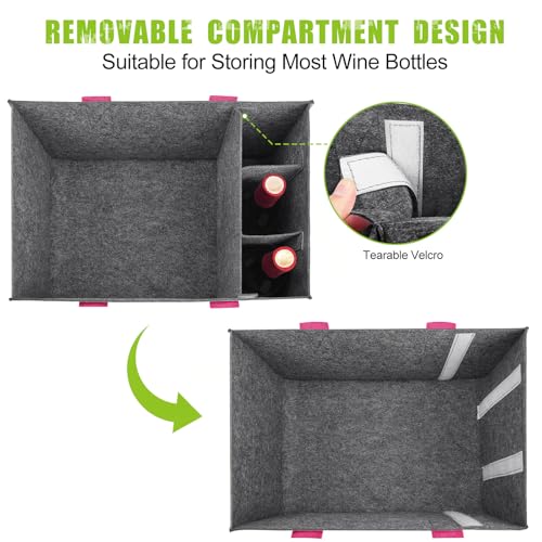 Eurhomewit Filz Einkaufskörbe Filztasche Einkaufstasche mit Fächern, Filztasche Groß 30L Faltbar Robust Flaschentasche Kaminholztasche Kleiderkorb Spielzeugtasche (Mittelgrau + Magenta/1 Stück)
