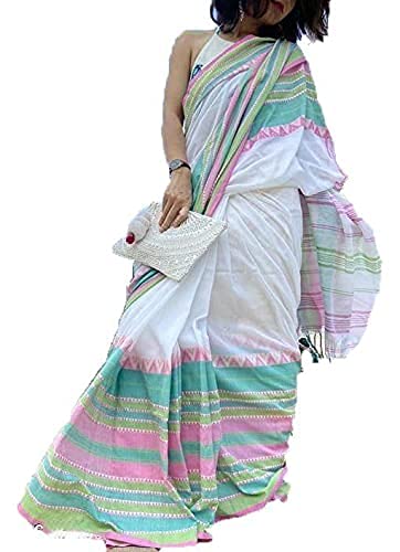 Women's Khadi Cotton Saree With Running Blouse Piece White